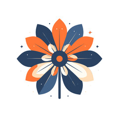 Stylized Flat Illustration of Floral Motif with Blue and Orange Petals on White Background