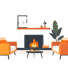 Cozy Living Room with Fireplace and Armchairs in Warm Tones and Minimalist Decor on White Background