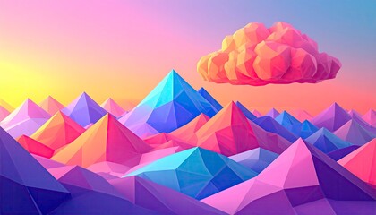 Colorful Low Poly Landscape with Cloud at Sunset.