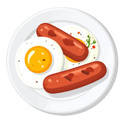 Simple Still Life of Sunny Side Up Eggs and Brown Sausages on White Plate Graphic Art with Pixelated Effect against Transparent Background
