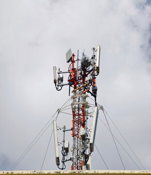 Telecommunication tower of 4G and 5G cellular. Base Station or Base Transceiver Station. Wireless Communication Antenna Transmitter. Telecommunication tower with antennas