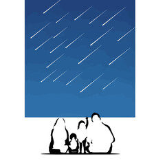 Pixelated Night Sky with Falling Starry Meteors and Silhouette of People Watching in White Background