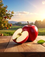 A sliced red fruit and whole one on a wooden surface, background field