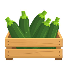 Wooden Crate Overflowing with Fresh Green Zucchinis on White Background