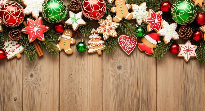 A festive Christmas border of gingerbread cookies, ornaments, and pine branches on a wooden background. - Powered by Adobe