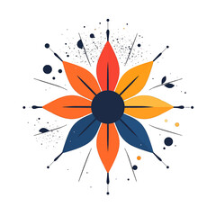 Abstract Floral Motif with Orange Red Blue Petals on White Background and Radial Line Decoration with Simple and Clean Style