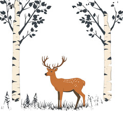 Pixel Art Illustration of a Deer Surrounded by Birch Trees in a Sparse Forest with White Background