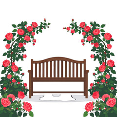 Wooden Bench Under Rose Covered Arches Pixel Art Style in White Background