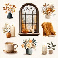 Cozy Autumn Still Life With Window View Candles Flowers Pumpkin And Warm Blanket