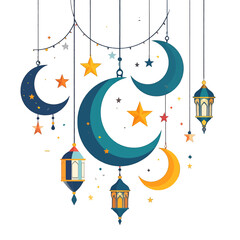 Ramadan Decorative Illustration Featuring Blue and Yellow Crescent Moons Lanterns and Stars Against a White Background for Festive Celebration
