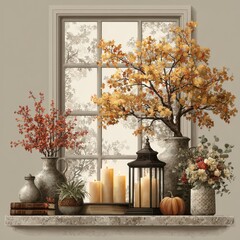 Cozy Autumn Vignette With Warm Candlelight And Fall Foliage Displayed On A Windowsill