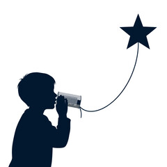 Silhouette of a Child Speaking into a Tin Can Telephone with a Black Star Floating Above Against a White Background Concept