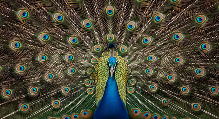 Obraz premium Majestic Peacock Displaying Vibrant Feathers Wildlife Photography