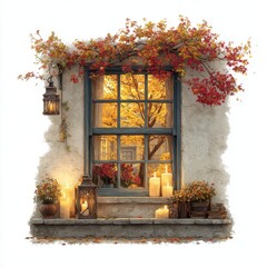 Cozy Autumn Window Scene Warm Light Through Glass Burning Candles and Lanterns on Ledge