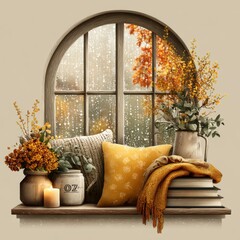 Cozy Autumn Window Scene With Books Candles And Fall Foliage Outside