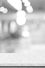 Empty vertical white table top, counter, desk background over blur  bokeh background, White marble...