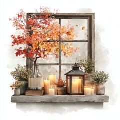 Cozy Autumn Window Scene With Glowing Candles And Maple Leaves On A White Background