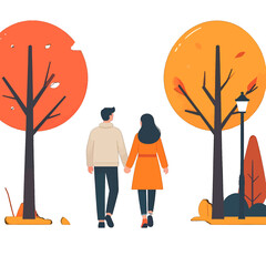 Autumnal Romance Back View of a Couple Holding Hands Amidst Orange and Yellow Trees with a White Background Illustration