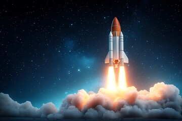 Naklejka premium Rocket Launching into Space with Bright Flames and Starry Background for Exploration Themes