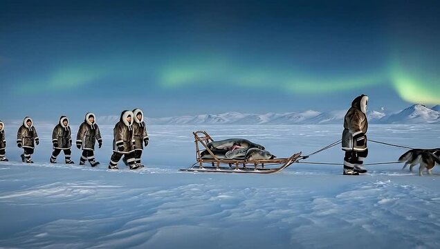 Inuit people and sled dogs traverse a vast snowy landscape under the Northern Lights.