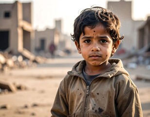 A young child stares solemnly against a backdrop of rubble