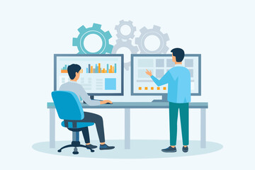 Two men working together analyzing data on computers with gears in the background representing teamwork and efficiency