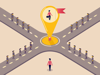 A single person stands out from a crowd at a crossroads aiming for a goal represented by a map pin and flag
