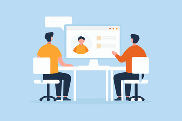 Two people having a video call interview or meeting on a computer screen with speech bubbles