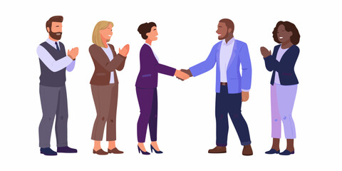 Diverse group of business professionals celebrating and shaking hands in agreement and success