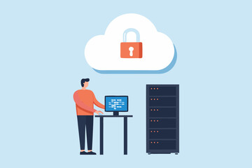 Man working on computer with server rack and cloud security symbol in the background
