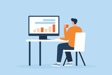 Man in orange sweater drinking coffee while working on computer with financial charts