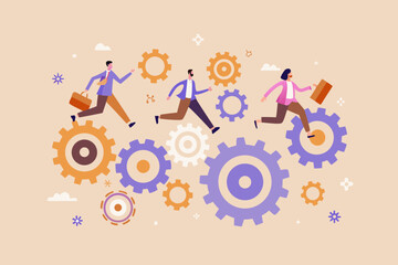 Business people running on gears symbolizing teamwork and corporate progress in a stylized illustration