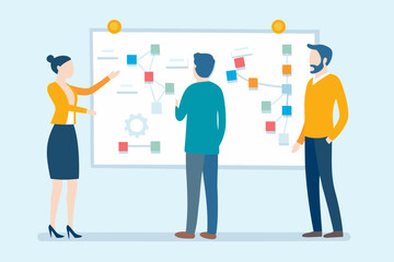 Diverse team collaborating on a project flowchart and strategy on a whiteboard