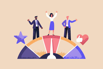 Diverse business people celebrating success on a performance meter with star and heart icons