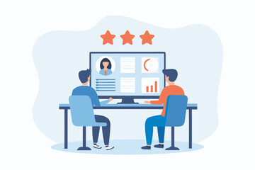 Two people reviewing a computer screen displaying a profile charts and three stars indicating a good rating