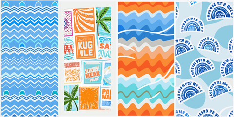 Collage of vibrant summer graphics featuring pool tiles tropical leaves abstract water patterns and party invitations