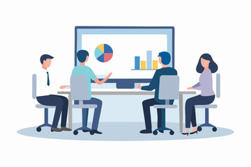 Diverse team of professionals collaborating around a table discussing business charts and graphs on a large monitor