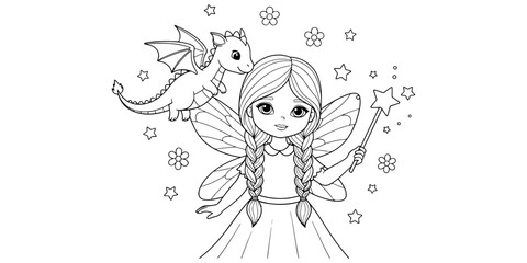 Charming Fairy with Long Braid and Flying Dragon Outline