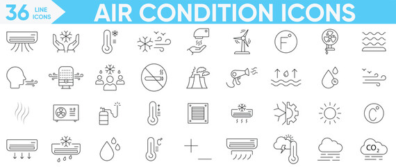 Air Condition icon set Related heating, ventilation, thermostat, smart ac, remote control, energy efficient system, climate control and more.Vector and illustrator