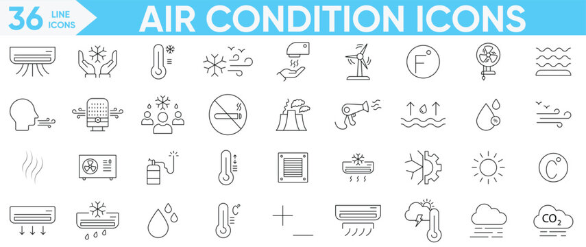 Air Condition icon set Related heating, ventilation, thermostat, smart ac, remote control, energy efficient system, climate control and more.Vector and illustrator