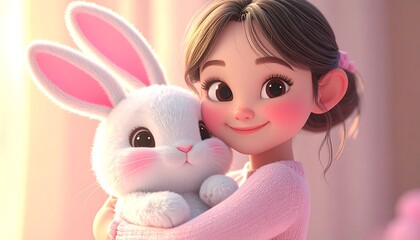 Adorable girl hugging a fluffy white bunny, soft pastel aesthetic