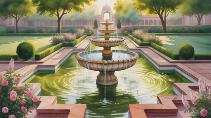 Mughal miniature nature art — lotus pond and marble pavilion