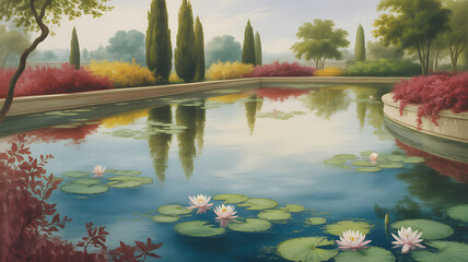 Mughal miniature nature art — lotus pond and marble pavilion
