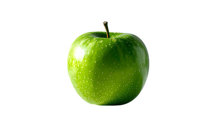 A single, vibrant green Granny Smith apple with a small stem, isolated on a white background.