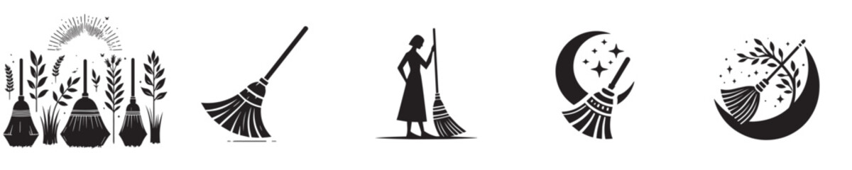 A collection of black broom silhouettes in various styles and angles.