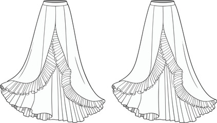 Elegant long layered ruffle skirt fashion flat sketch, pleated flowy maxi skirt design for women, CAD drawing vector template
