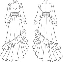 Elegant long sleeve ruffle gown with high neck and layered skirt, luxury evening dress design, CAD drawing flat vector illustration