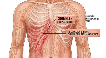 Medical illustration of shingles rash on chest