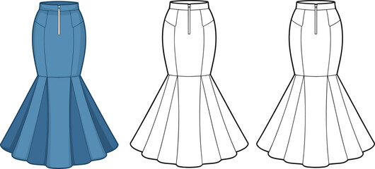 Elegant mermaid flare skirt fashion technical drawing, denim blue vector design, women apparel flat sketch, stylish garment template illustration