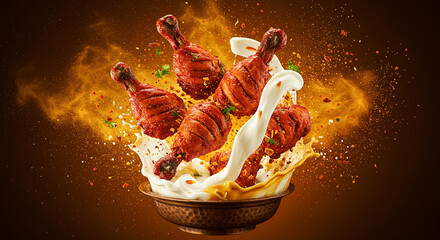 Grilled Red Chicken Drumsticks Splash with Creamy Swirl Motion